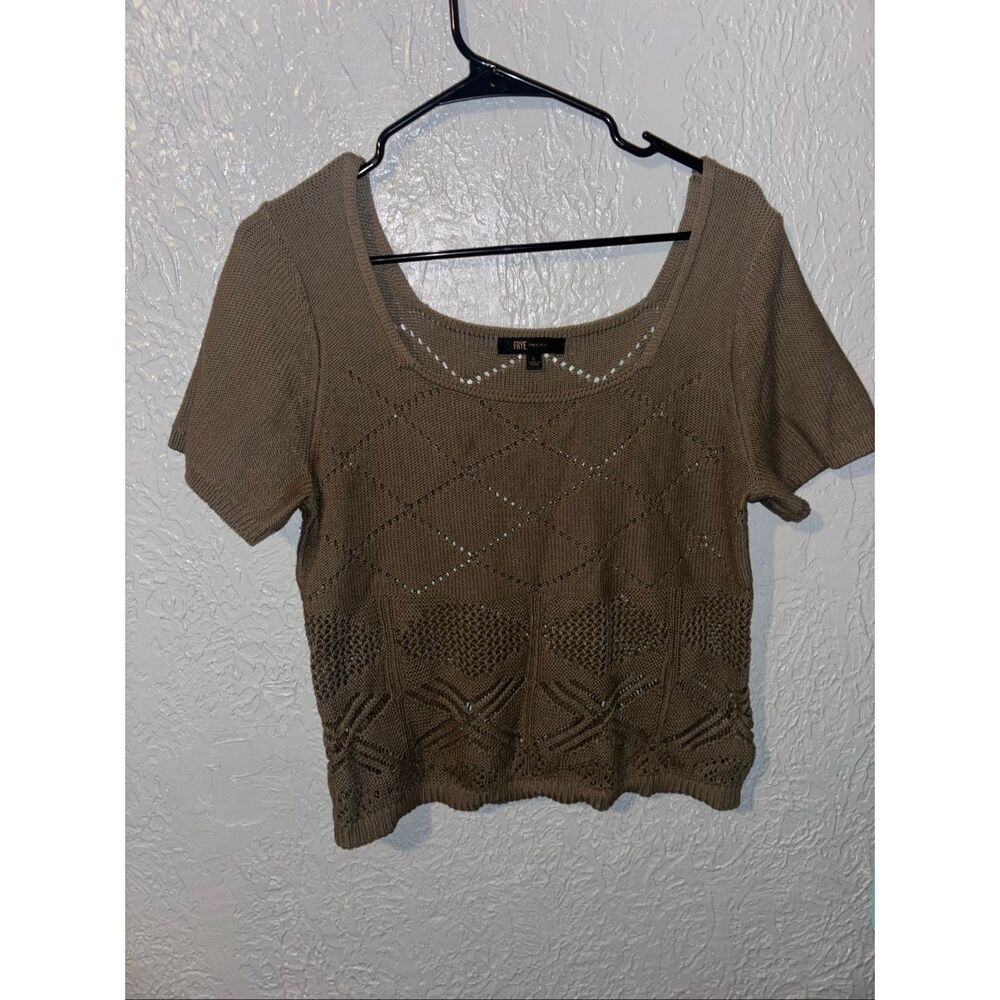 Frye Women's Short Sleeve Scoop Neck Olive Green Crochet Sweater